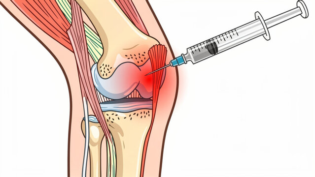 Medical illustration of knee injection showing syringe and joint anatomy for treatment
