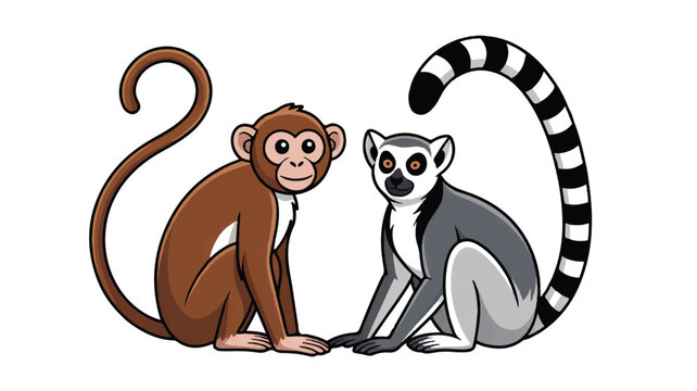 cartoon monkey and lemur sitting side by side on white