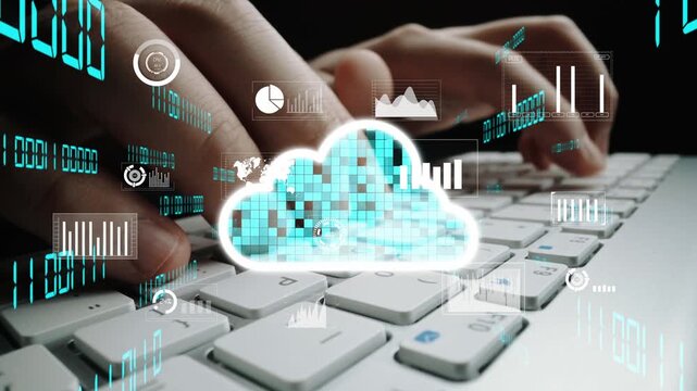 Hands typing on a keyboard symbolize digital work. Floating graphics of charts and cloud icons illustrate data analysis and cloud technology in a modern workspace. Xenic