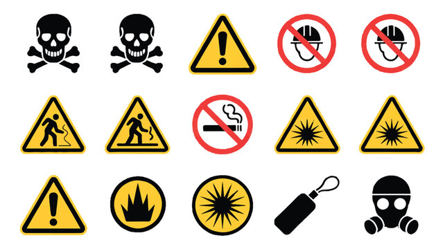 collection of warning signs and symbols for safety and hazard alerts on white background