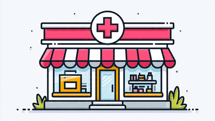 Naklejka premium Friendly pharmacy storefront with red and white awning, medical cross symbol and glass windows