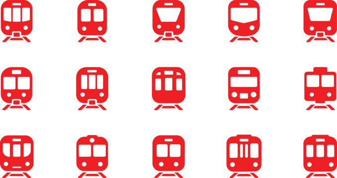 Red Train Front Views Subway Locomotive Rail Transport Shapes , Minimal Flat Bold Silhouette Style Grid Layout , Set of Vector Web Icon Collection Isolated on White Background , Modern Professional Pu