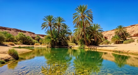 Obraz premium Tranquil Desert Lake Oasis With Crystal Clear Water, Tall Palm Trees, and Red Cliffs