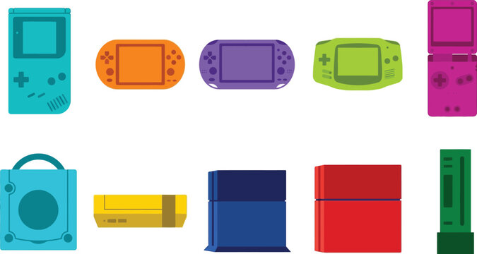Flat design vector illustration of colorful game consoles and handheld portable devices.