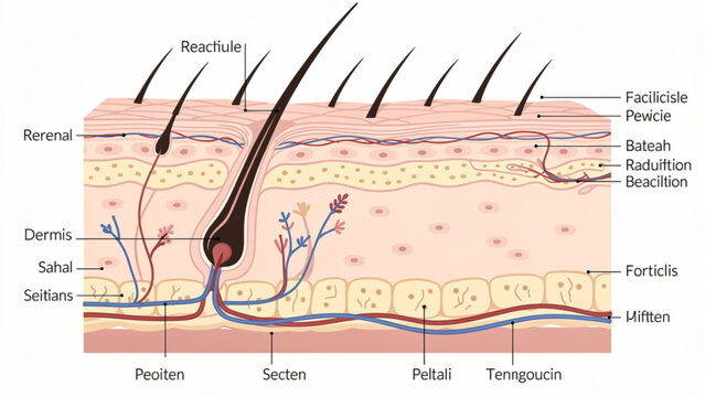 Detailed illustration of human skin cross-section showing hair follicle layers and structures