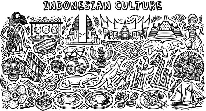 Indonesian Culture Doodle Art: Traditional Symbols, Food, Architecture, and Music in Black and White Line Art