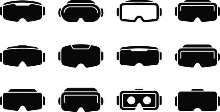 Set of virtual reality headset icons in black silhouette, depicting modern immersive technology.