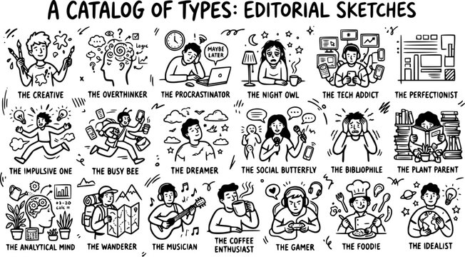 Black and White Line Art Catalog of Editorial Sketches Featuring Diverse Personality Types
