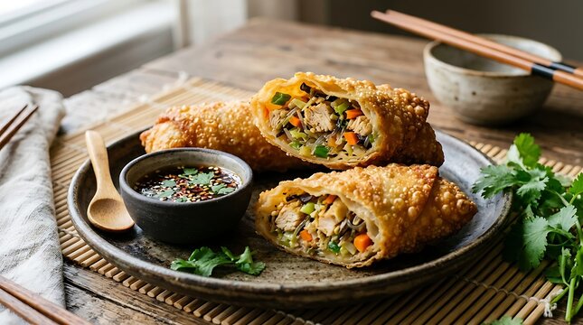 Close Up Egg Rolls with Sauce for National Egg Roll Day
