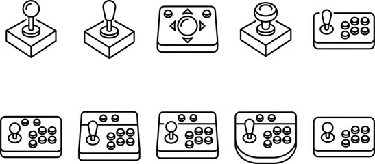 Fototapeta premium Collection of line art icons depicting retro arcade joysticks and game controllers.