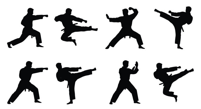 Set of karate martial arts fighters silhouettes in different poses