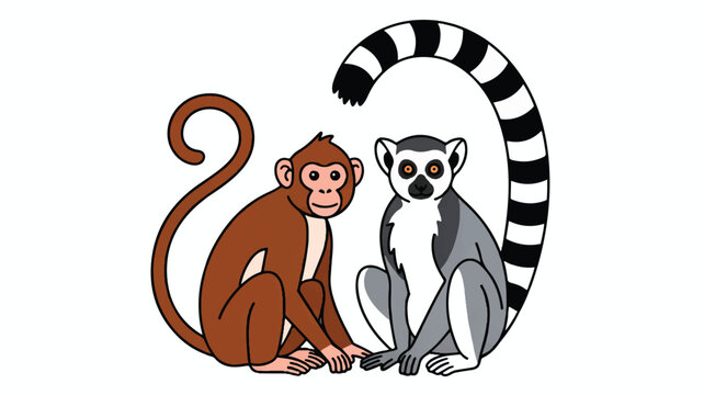 monkey and lemur sitting together side by side looking cute