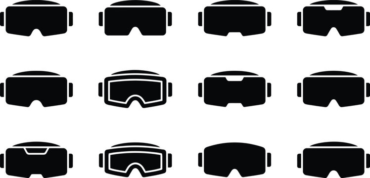 Set of black vr glasses icons or virtual reality headset silhouettes, augmented reality devices, entertainment technology, in flat style isolated.