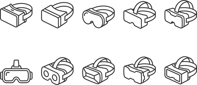 Set of isometric vr glasses icons or virtual reality headset outlines, augmented reality devices, entertainment technology, in line art style isolated.