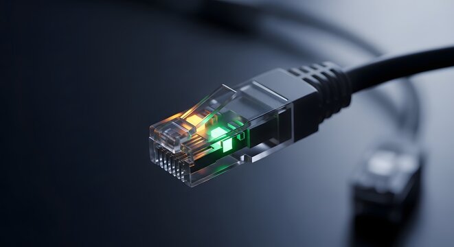 Clear ethernet cable connector with a glowing green light. High speed internet connectivity and network infrastructure. Network cable providing secure data transmission to a system.