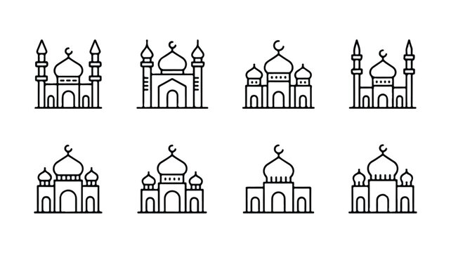 set of mosque architecture icons in different styles and shapes