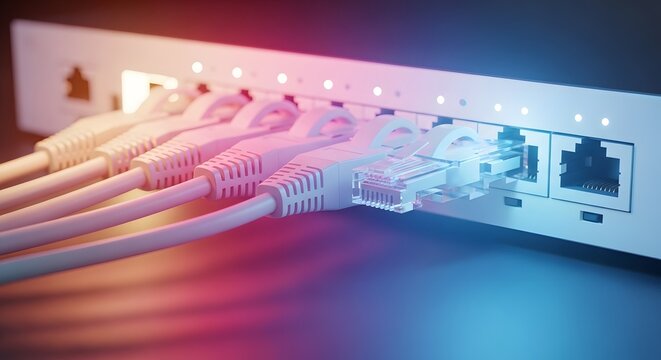 Ethernet network cables connected to a router with vibrant lighting. Telecommunications and secure broadband connectivity. Transparent connector transmitting digital information.