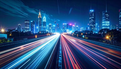 Fototapeta premium City lights blaze above a long highway. Cars streak in streaks of blue and red