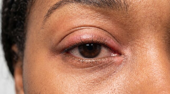 Extreme close-up of an African American woman's eye with a swollen, red, and inflamed eyelid