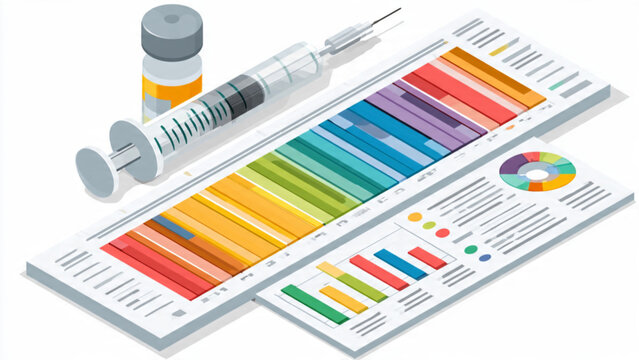 Laboratory test results with color-coded charts and medical syringe for health analysis