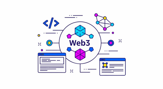 Web3 concept illustration with decentralized network, code, and interfaces