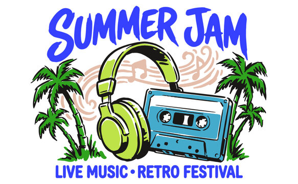 Summer Jam Retro Festival music design with cassette tape and headphones for t-shirt print, poster, sticker, background and other uses.