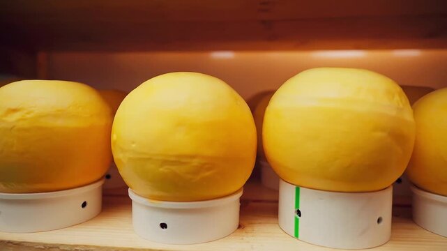 Whole Dutch red Edam cheese. Dutch cheese edam, gouda, piece and whole round wheel in a cheese store. Traditional Netherlands fresh product.
