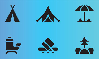 Collection of camping and outdoor adventure icons including tent umbrella tree and stove © Munna