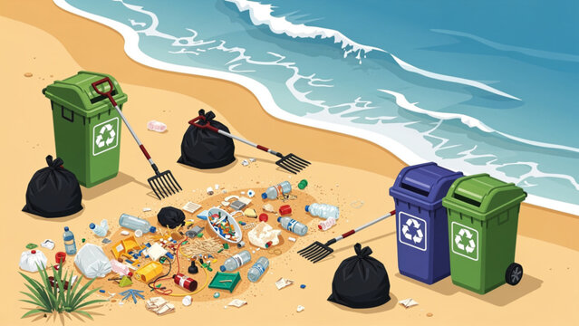 Polluted beach with trash scattered among recycling bins and debris in sandy environment
