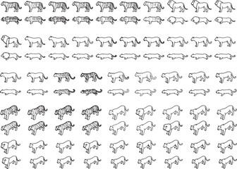 Naklejka premium A collection of stylized lion and tiger illustrations, showcasing various poses and anatomical details in a monochrome, graphic art style.