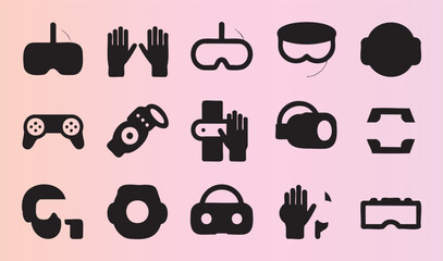 Collection of virtual reality and gaming icons featuring controllers gloves goggles and headsets © Munna