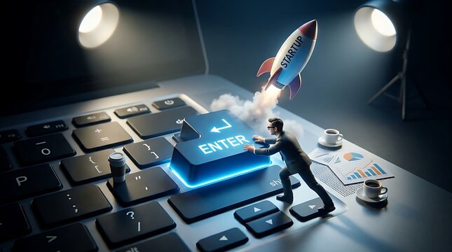 Miniature businessman pressing enter key to launch rocket from laptop keyboard