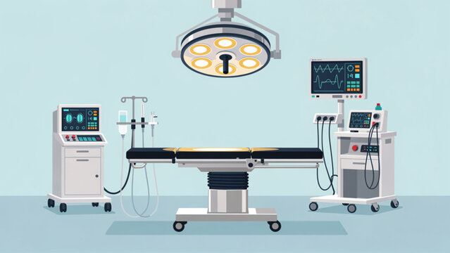 Modern hospital operating room with medical equipment and surgical bed in clean light blue setting