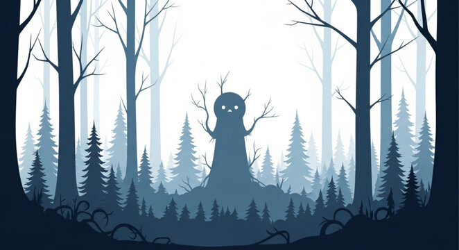 Mysterious creature standing in a dark spooky forest.