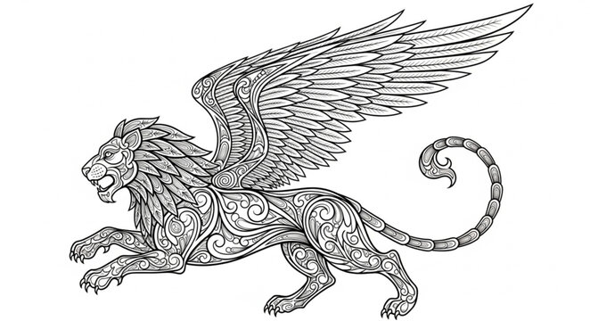 Mythical Griffin Creature with Ornate Details and Wings.