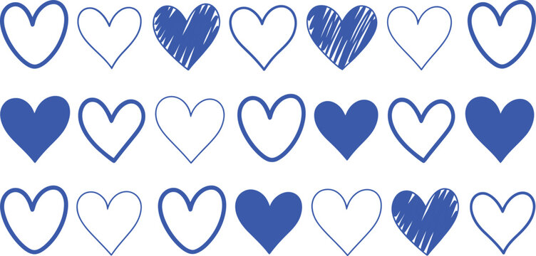 Collection of royal blue hand-drawn heart icons, Bold outlines and varied scribble style illustration, Creative set of vector web icon layouts for love and romance, Modern professional romantic design