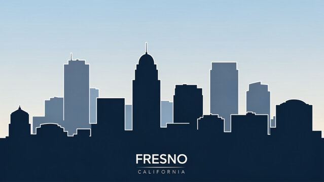 Stylized city skyline silhouette of Fresno California with clear blue sky background