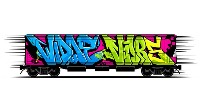 Graffiti art on a moving train car with vibrant colors.
