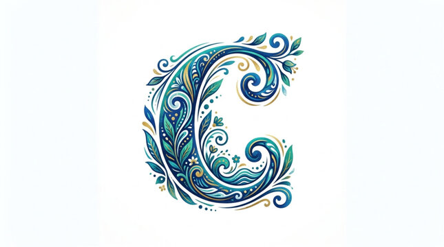Decorative Letter C with Floral and Swirl Motifs.