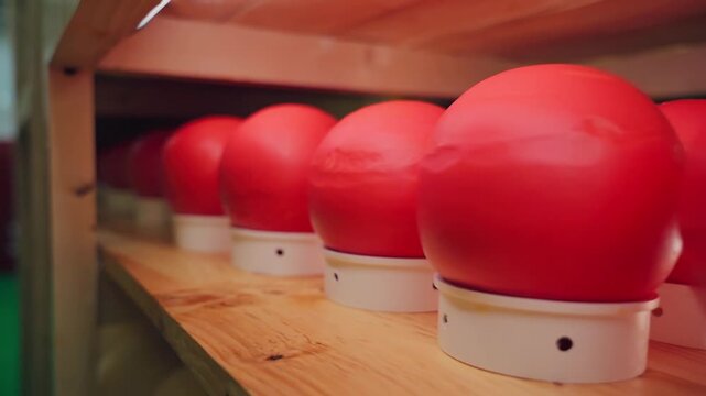 Whole Dutch red Edam cheese. Dutch cheese edam, gouda, piece and whole round wheel in a cheese store. Traditional Netherlands fresh product.