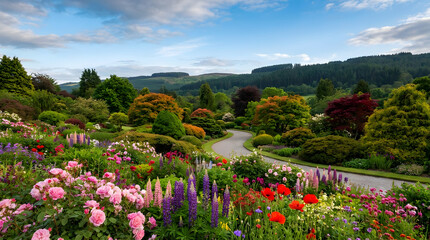Obraz premium Colorful spring flowers blooming in a mountain meadow landscape under the blue sky