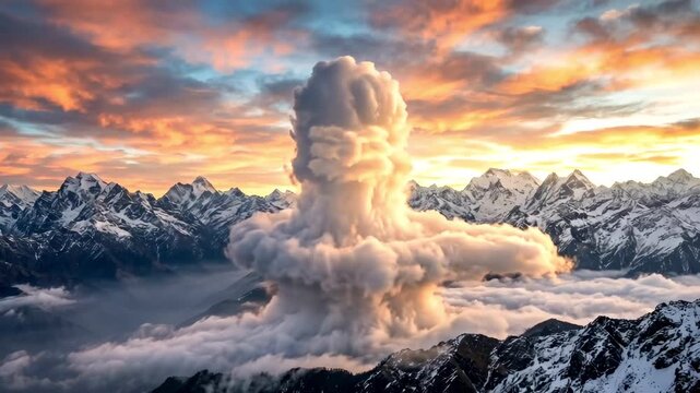 A massive cloud formation resembling a shiva linga rises majestically above clouds and snow-capped Himalayan mountain peaks during golden sunset.