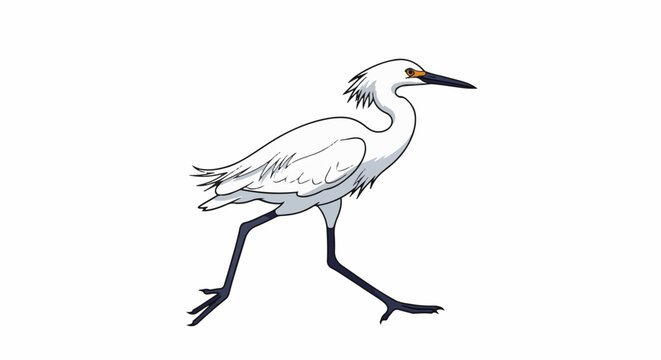 Stylized white egret with black legs and orange beak walking