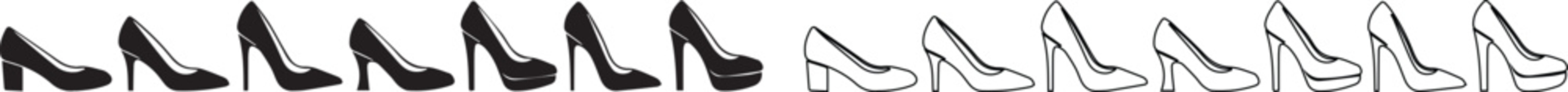 High heel shoes vector icons set, black silhouette and outline stiletto pumps, 14 fashion footwear elements for retail and web design