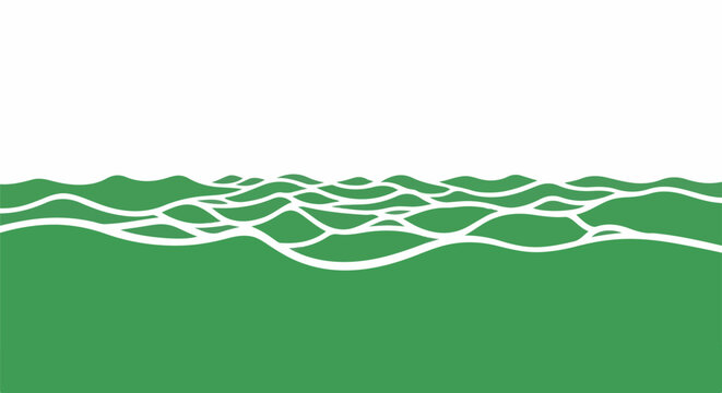 Green, wavy, abstract, minimalist landscape with white lines against a white sky