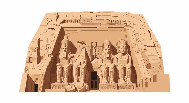 Giant ancient rock-cut temple facade with seated figures and hieroglyphs