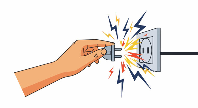 Hand inserting plug into socket, sparks fly