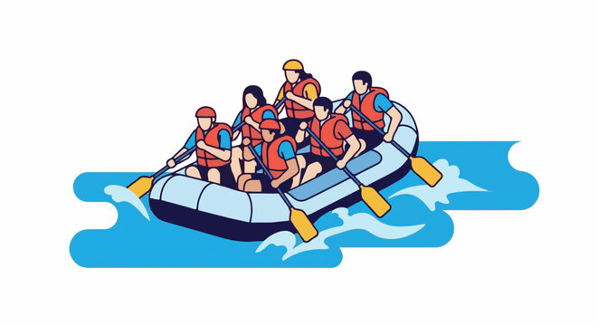 Group of people white water rafting in a raft with paddles