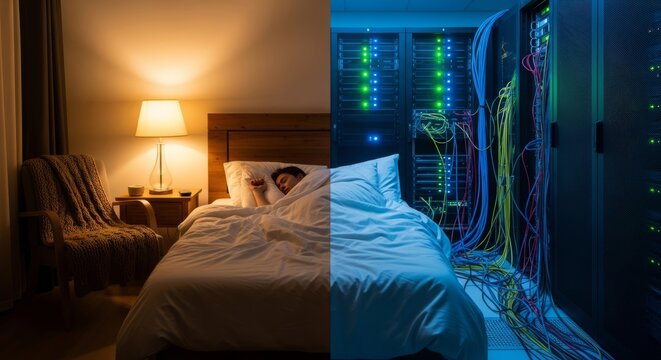 Man sleeping in bed beside an active server room, depicting the concept of AI agent performing night shift