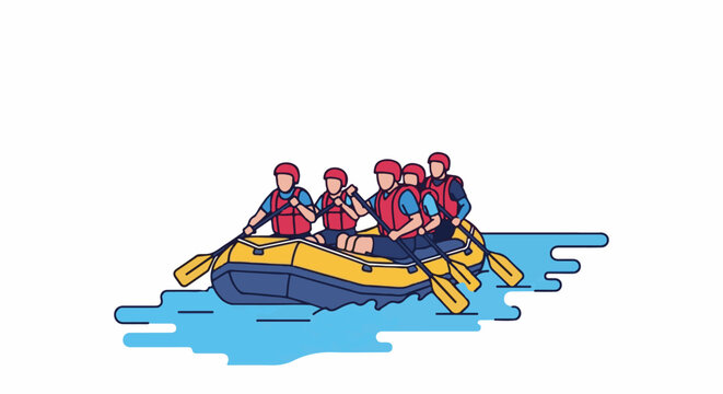 Group on inflatable raft paddles through blue water
